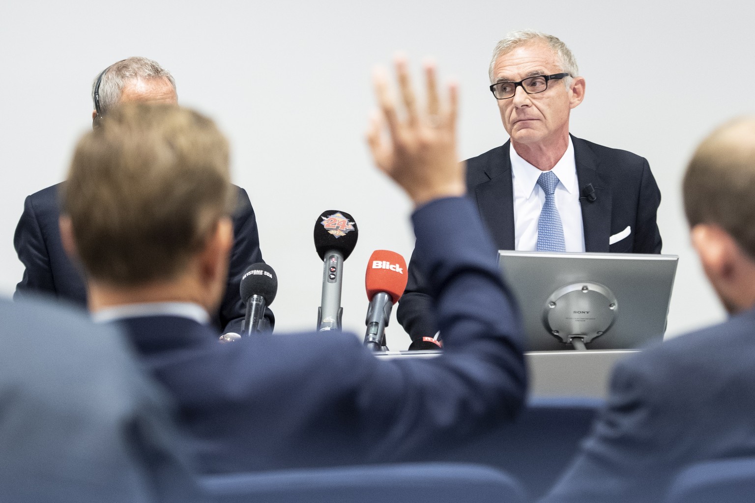 epa07884358 Urs Rohner, chairman of Credit Suisse looks on during a press conference on the Observation of Iqbal Khan, in Zurich, Switzerland, 01 October 2019. EPA/ENNIO LEANZA