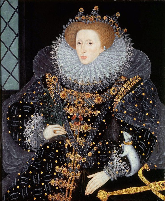 Die englische Königin Elisabeth I., aufgrund ihrer Ehelosigkeit «Virgin Queen» genannt, mit dem weissen Keuschheits-Hermelin auf dem Arm. Gemalt von William Segar, 1585.