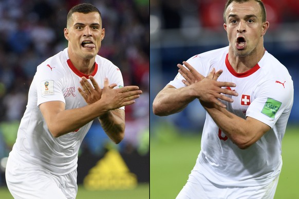 epa06832171 A combo of two pictures shows the celebration for the first goal of Switzerland&#039;s midfielder Granit Xhaka, (L), and the victory goal of Switzerland&#039;s midfielder Xherdan Shaqiri,  ...