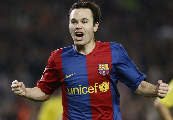 FILE - In this Saturday, Nov. 25, 2006 file photo FC Barcelona player Andres Iniesta celebrates his goal against Villarreal during his Spanish League soccer match at the Camp Nou stadium in Barcelona, ...