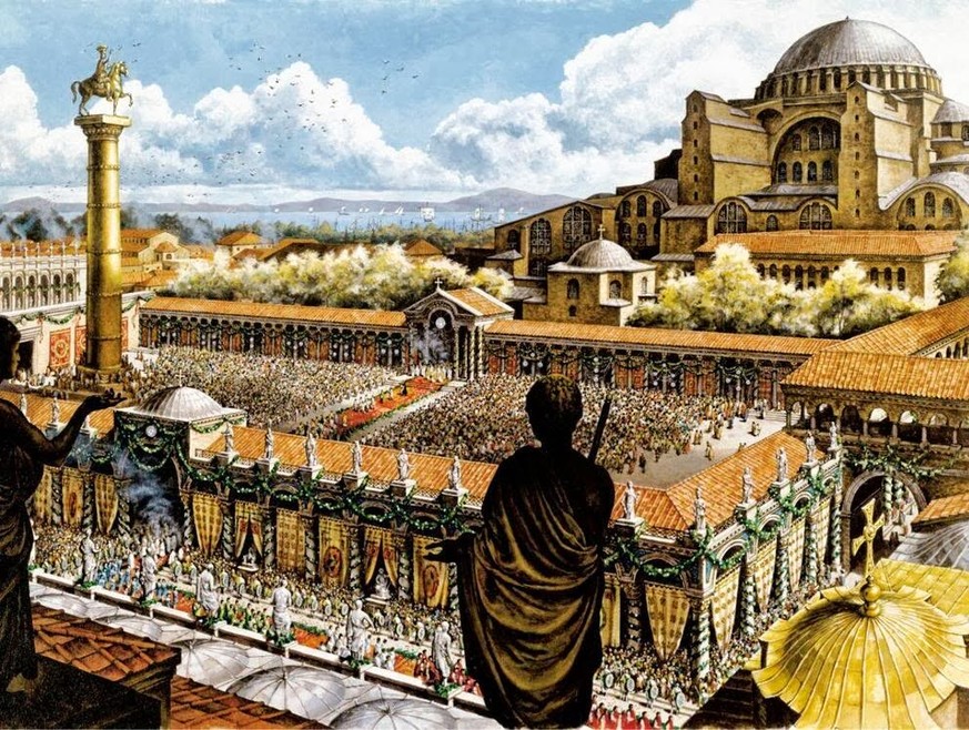 Ungefähr so mag die Sicht aufs Forum zur Zeit Justinians ausgesehen haben. Hinten ragt die Hagia Sophia in den Himmel, die der Kaiser nach dem Niederbrennen des Vorgängerbaus errichten liess: Sie ist  ...