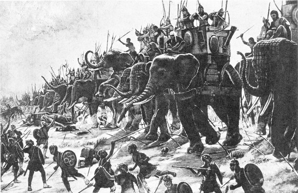 Schlacht von Zama,&nbsp;202 v. Chr., während des Zweiten Punischen Kriegs. Hannibal verlor gegen die Römer auf nordafrikanischem Boden.&nbsp;Gemälde von Henri-Paul Motte.