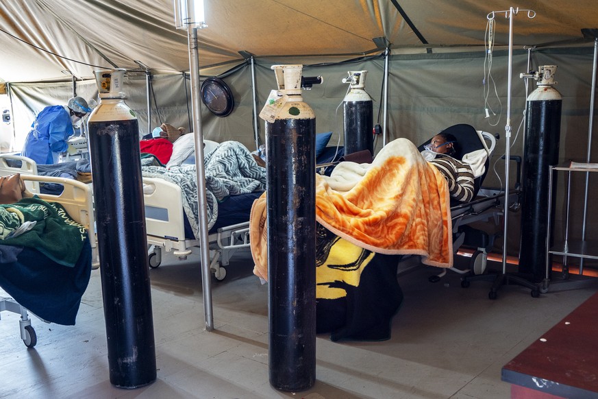 Covid-19 patients are being treated with oxygen at the Tshwane District Hospital in Pretoria, South Africa, Friday July 10, 2020. Health Minister Zweli Mkhize this week said South Africa could run out ...