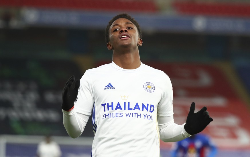 Leicester City&#039;s Demarai Gray reacts during the English Premier League soccer match between Crystal Palace and Leicester City at Selhurst Park stadium in London, Monday, Dec., 28, 2020. (Marc Atk ...