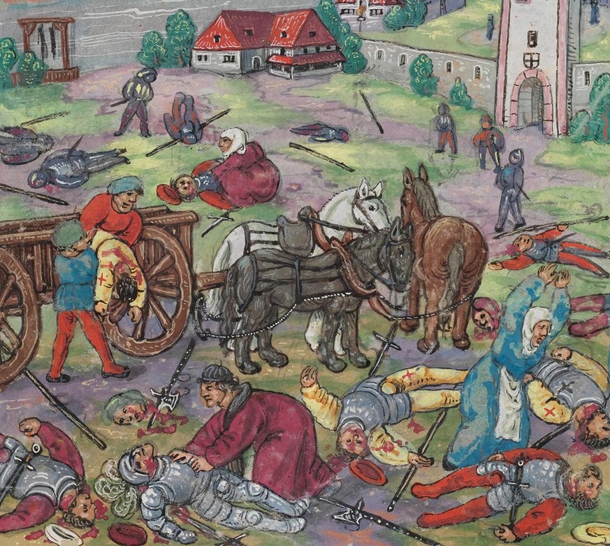 Die Kriegsführung der Eidgenossen war grausam. Die Truppen mussten schwören, keine Gefangenen zu machen. Nach der Schlacht vor Konstanz sammeln Frauen und Geistliche die Leichen der Konstanzer Bürger  ...