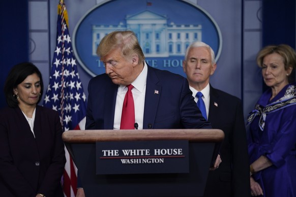 President Donald Trump speaks during press briefing with the Coronavirus Task Force, at the White House, Wednesday, March 18, 2020, in Washington. From left, Administrator of the Centers for Medicare  ...