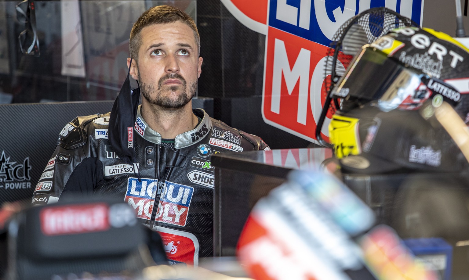 epa08591225 Swiss Moto2 rider Thomas Luethi of Liqui Moly Intact GP team before the free practice of the Motorcycling Grand Prix of the Czech Republic, 08 August 2020. The race will take place on 09 A ...