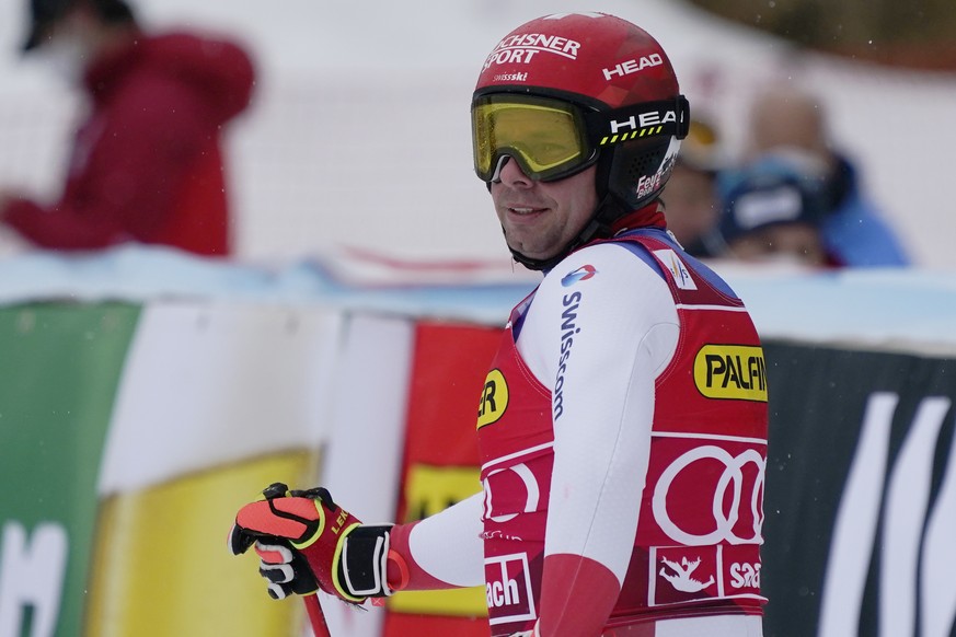 Switzerland&#039;s Beat Feuz reacts after completing an alpine ski, men&#039;s World Cup downhill, in Saalbach-Hinterglemm, Austria, Friday, March 5, 2021. (AP Photo/Giovanni Auletta)