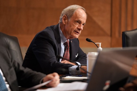 epa08691390 Sen. Tom Carper (D-Del.) is seen during the Senate Homeland Security and Governmental Affairs Committee confirmation hearing of Chad Wolf to be Secretary of Homeland Security on Capitol Hi ...