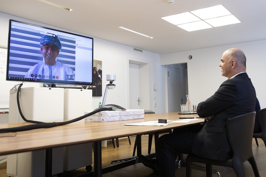 Swiss health minister Alain Berset speaks during a video conference with the health ministers of Oman and Botswana, on Tuesday, June 23, 2020, in Berne, Switzerland. The health ministers of Botswana,  ...