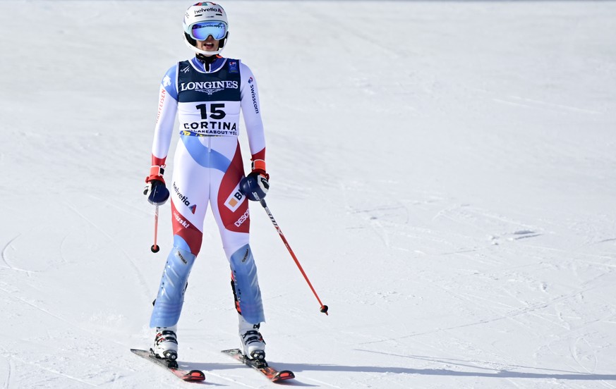 Michelle Gisin of Switzerland reacts in the finish area during the women&#039;s Slalom race of the Alpine Combined at the 2021 FIS Alpine Skiing World Championships in Cortina d&#039;Ampezzo, Italy, M ...