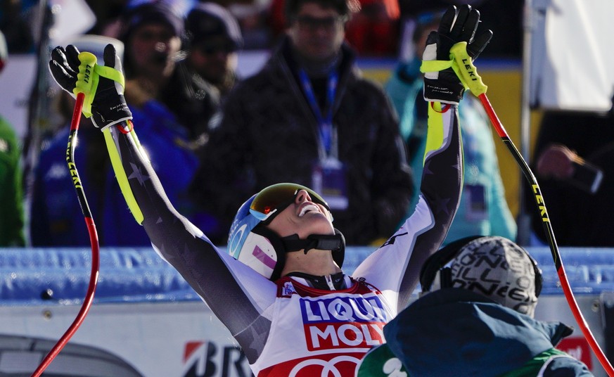 United States&#039; Mikaela Shiffrin celebrates after completing an alpine ski, women&#039;s World Cup super-G in Cortina D&#039;Ampezzo, Italy, Sunday, Jan. 20, 2019. (AP Photo/Giovanni Auletta)