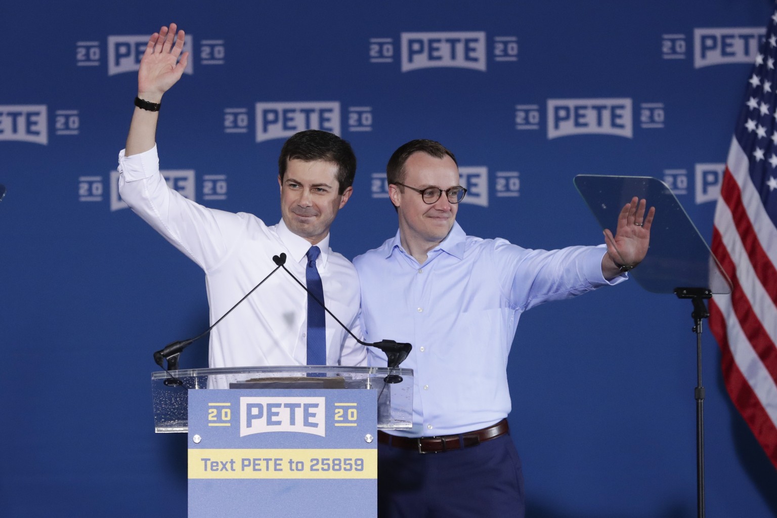 Pete Buttigieg is joined by his husband Chasten Glezman before he announced that he will seek the Democratic presidential nomination during a rally in South Bend, Ind., Sunday, April 14, 2019. Buttigi ...
