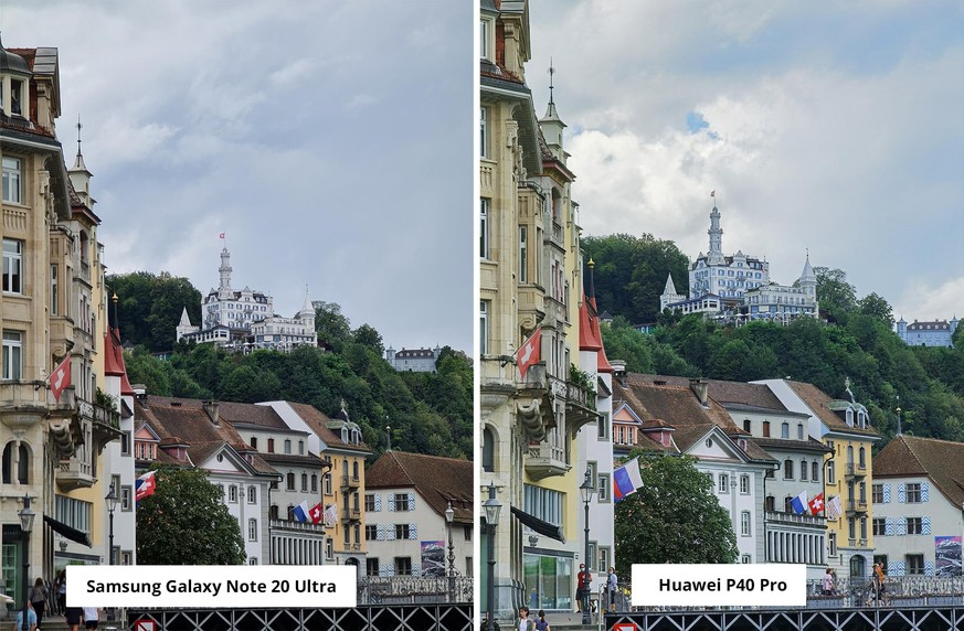 Zoom Samsung Note 20 Ultra vs. Huawei P40 Pro in Luzern.