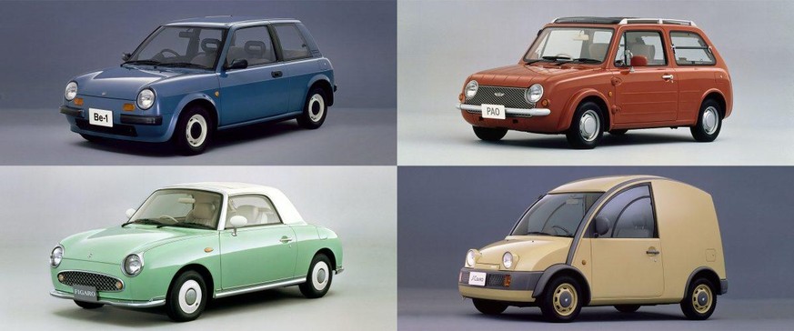 nissan pike cars 
Be-1 (1987)
Pao (1989)
S-Cargo (1989)
Figaro (1991)
retro design auto japan 
https://www.nissanbarbados.com/experience-nissan/whats-new/design/nissan-pike-cars.html