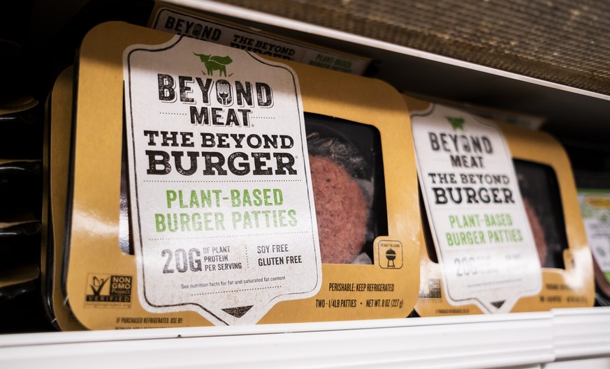 epa07545424 A Beyond Meat product on a store shelf in New York, New York, USA, 03 May 2019. The company, which sells plant-based meat substitutes, had their IPO this week and shares quickly rose 163 p ...