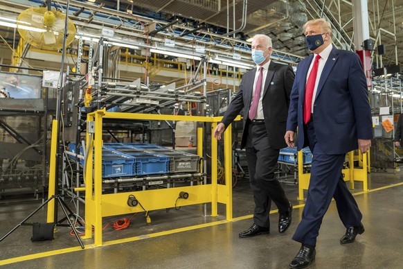 August 6, 2020, Clyde, OH, United States of America: U.S. President Donald Trump, wearing a face mask, is given a tour of a Whirlpool Corporation Manufacturing Plant by VP Integrated Supply Chain and  ...