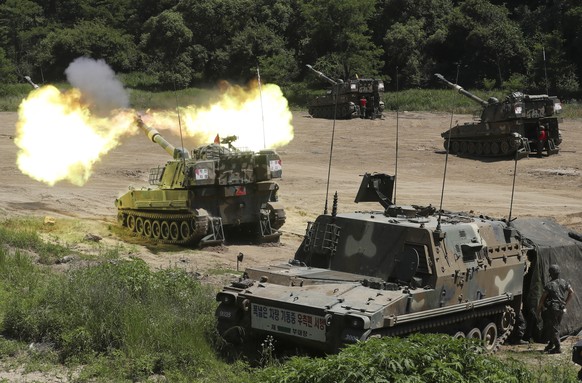 A South Korean army&#039;s K-55 self-propelled howitzer fires during a military exercise in Paju, South Korea, near the border with North Korea, Monday, June 22, 2020. South Korea on Monday urged Nort ...