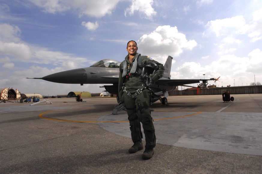 Maj. Shawna R. Kimbrell, 555th Fighter Squadron, poses for an environmental photo for Women&#039;s History Month article March 17, 2008. Maj. Kimbrell is the first African American female fighter pilo ...
