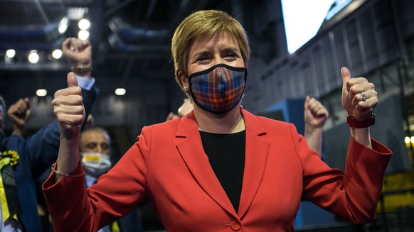 epa09183767 Scotland&#039;s First Minister and leader of the Scottish National Party (SNP), Nicola Sturgeon celebrates being declared the winner of the Glasgow Southside seat at Glasgow counting centr ...