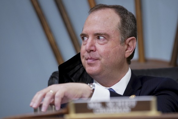 epa09137168 Representative Adam Schiff, a Democrat from California and chairman of the House Intelligence Committee, listens during a hearing in Washington, D.C., USA, 15 April 2021. The hearing follo ...