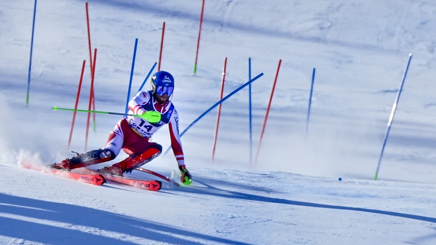 Marco Schwarz of Austria in action during the men&#039;s Slalom race of the Alpine Combined at the 2021 FIS Alpine Skiing World Championships in Cortina d&#039;Ampezzo, Italy, Monday, February 15, 202 ...