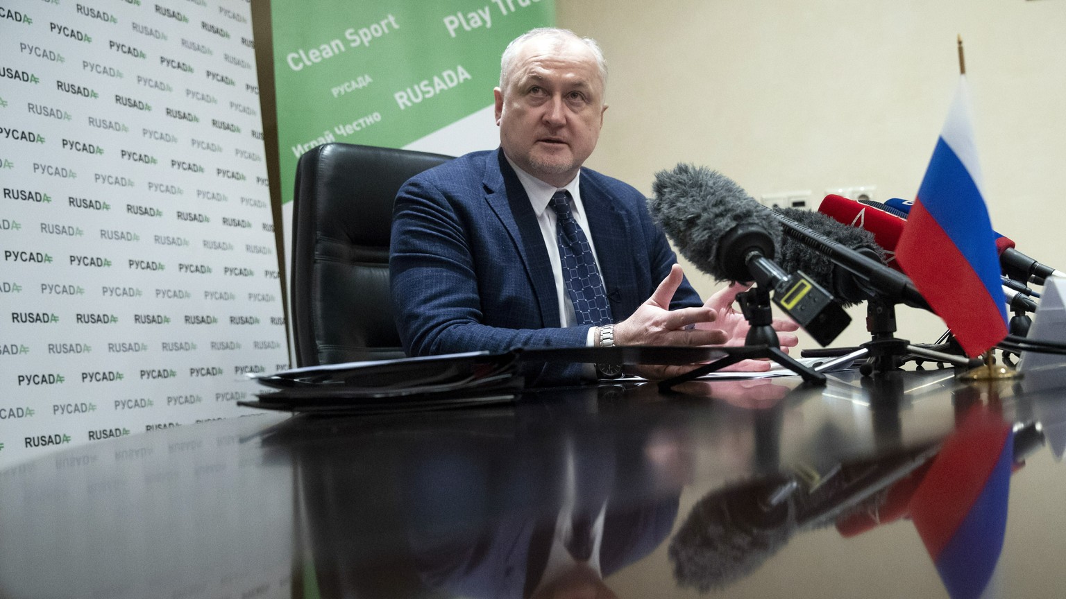 Russian National Anti-doping Agency RUSADA head Yuri Ganus speaks during a news conference in Moscow, Russia, Tuesday, Jan. 22, 2019. World Anti-Doping Agency (WADA) forgave Russia on Tuesday for its  ...