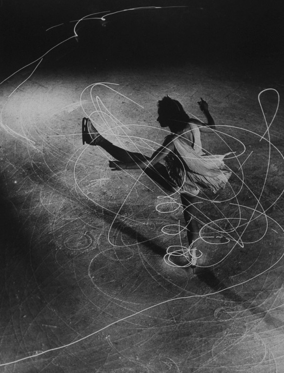 Figure skater Carol Lynne&#039;s movements charted by flashlights imbedded in each boot. (Photo by Gjon Mili/The LIFE Picture Collection via Getty Images)