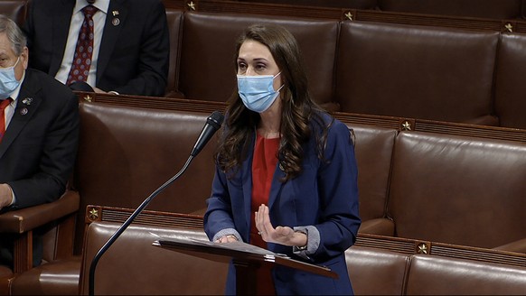 FILE - In this Thursday, Jan. 7, 2021 file photo image taken from video, Rep. Jaime Herrera Beutler, R-Wash., speaks as the House debates the objection to confirm the Electoral College vote from Penns ...