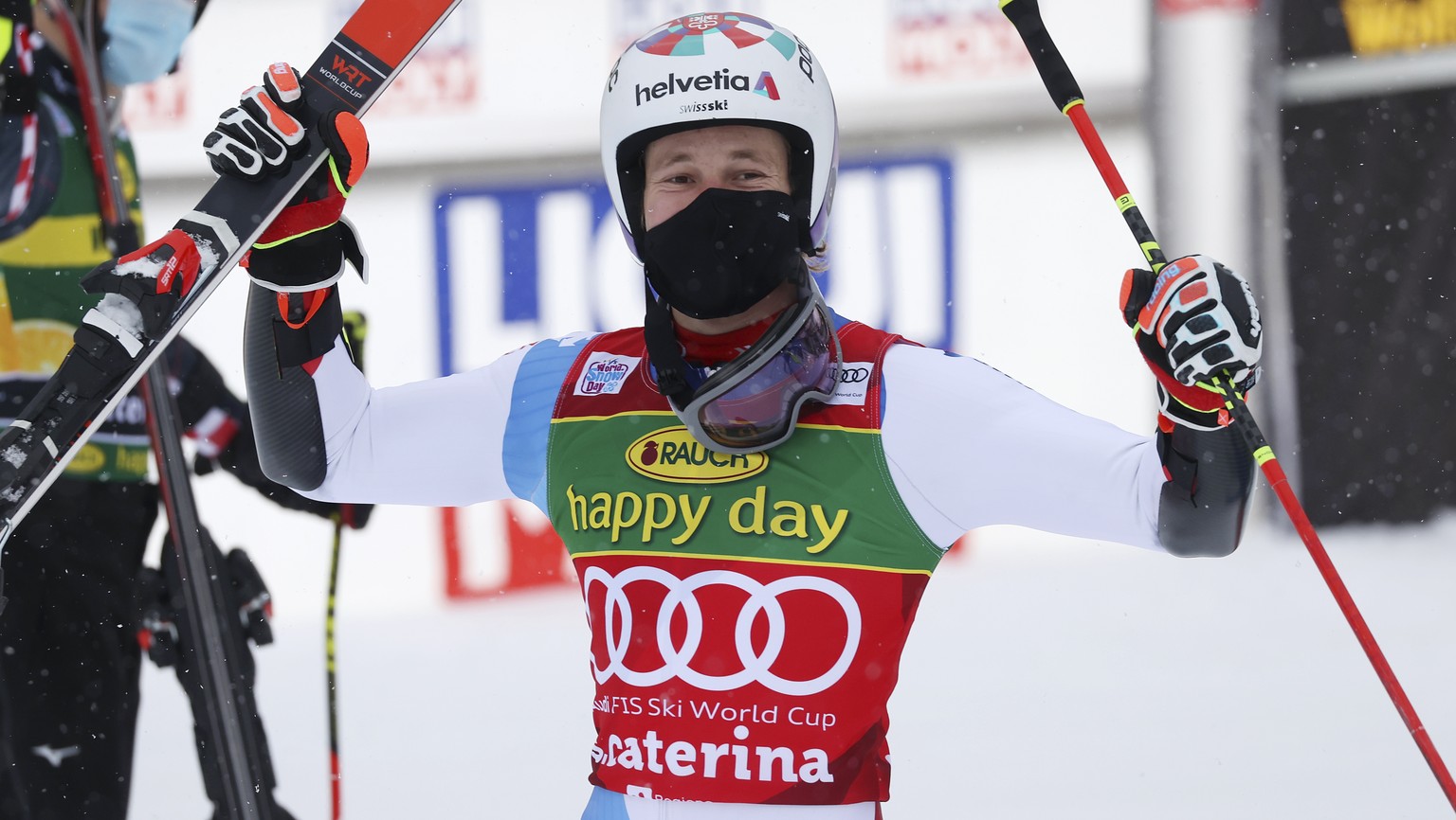Switzerland&#039;s Marco Odermatt celebrates at the finish area after winning the second run of an alpine ski, World Cup men&#039;s giant slalom in Santa Caterina Valfurva, Italy, Monday, Dec. 7, 2020 ...