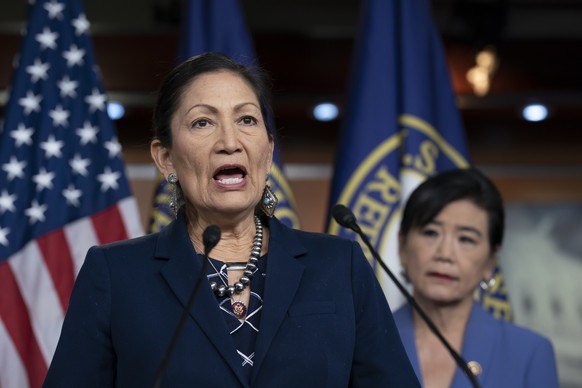 FILE - In this March 5, 2020, file photo Rep. Deb Haaland, D-N.M., Native American Caucus co-chair, joined at right by Rep. Judy Chu, D-Calif., chair of the Congressional Asian Pacific American Caucus ...