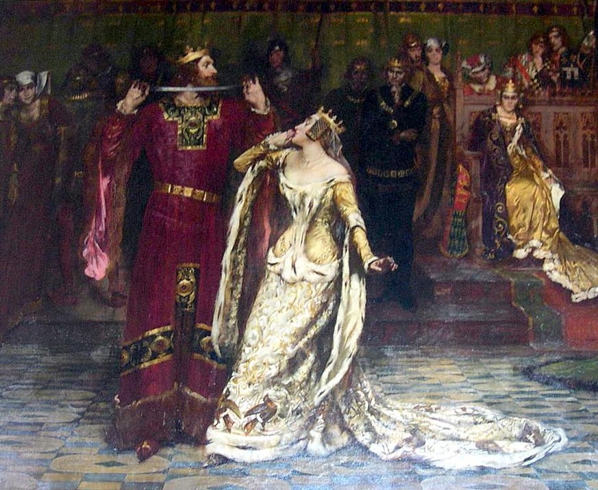 Auf diesem Gemälde von Albert Chevallier Tayler aus dem Jahr 1901 sieht man, wie König Edward das Strumpfband seiner Geliebten aufnimmt. Im Hintergrund unschwer zu erkennen die eifersüchtige Königin.