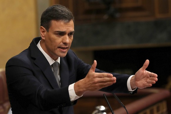 epa06774805 Secretary-General of Spanish Socialist Party (PSOE), Pedro Sanchez, delivers his speech during the no-confidence motion debate against Prime Minister, Mariano Rajoy, at the Parliament, in  ...