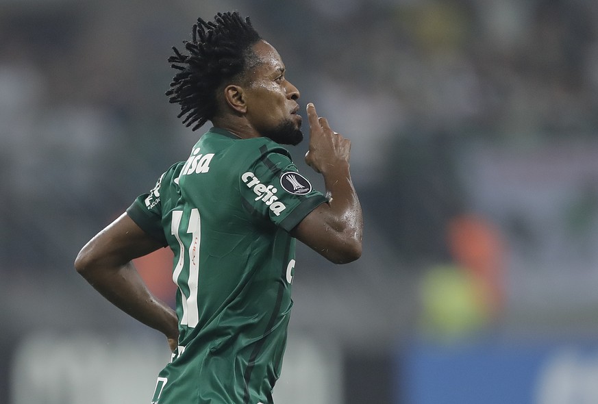 Ze Roberto of Brazil&#039;s Palmeiras celebrates after scoring against Argentina&#039;s Atletico Tucuman during a Copa Libertadores soccer match in Sao Paulo, Brazil, Wednesday, May 24, 2017. (AP Phot ...