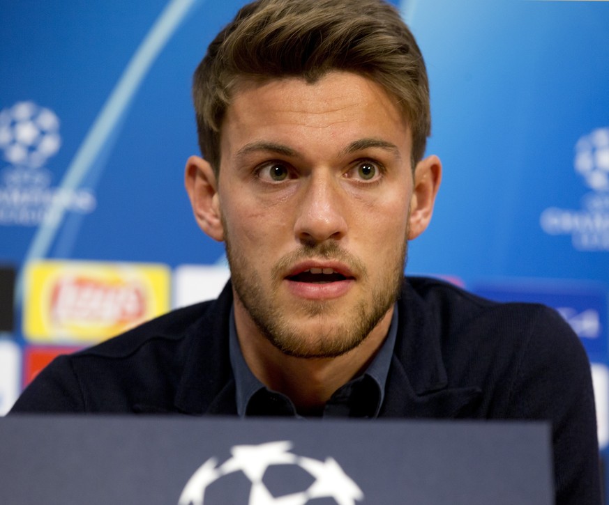 FILE - In this April 9, 2019, file photo, Juventus&#039; Daniele Rugani answers questions during a press conference at the Johan Cruyff ArenA in Amsterdam, Netherlands. Italian soccer club Juventus an ...