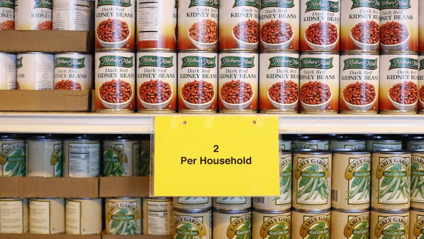 Canned goods are shown at the Brightmoor Connection Food Pantry in Detroit, Monday, March 23, 2020. (AP Photo/Paul Sancya)