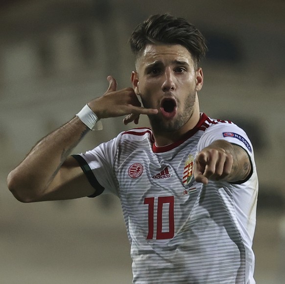 Hungary&#039;s Dominik Szoboszlai celebrates after scoring during the UEFA Nations League soccer match between Turkey and Hungary in Sivas, Turkey, Thursday, Sept. 3, 2020. (AP Photo)