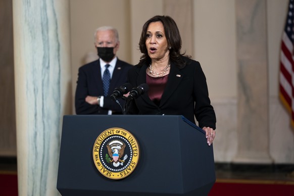 epa09148567 US Vice President Kamala Harris (R) delivers remarks as US President Joe Biden (L) looks on, after former Minneapolis Police Department Police Officer Derek Chauvin was found guilty on all ...
