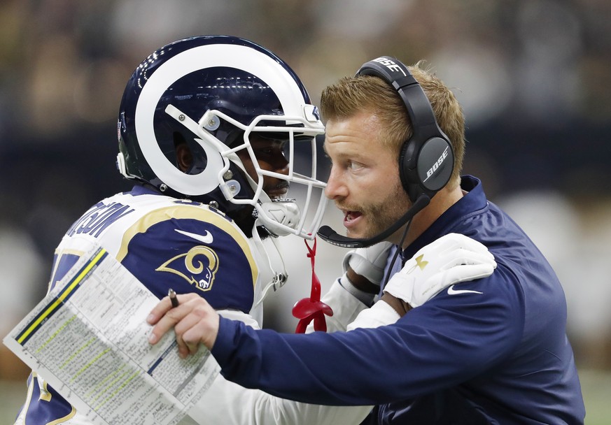 FILE- In this Jan. 20, 2019, file photo Los Angeles Rams head coach Sean McVay speaks with C.J. Anderson during the first half of the NFL football NFC championship game against the New Orleans Saints  ...