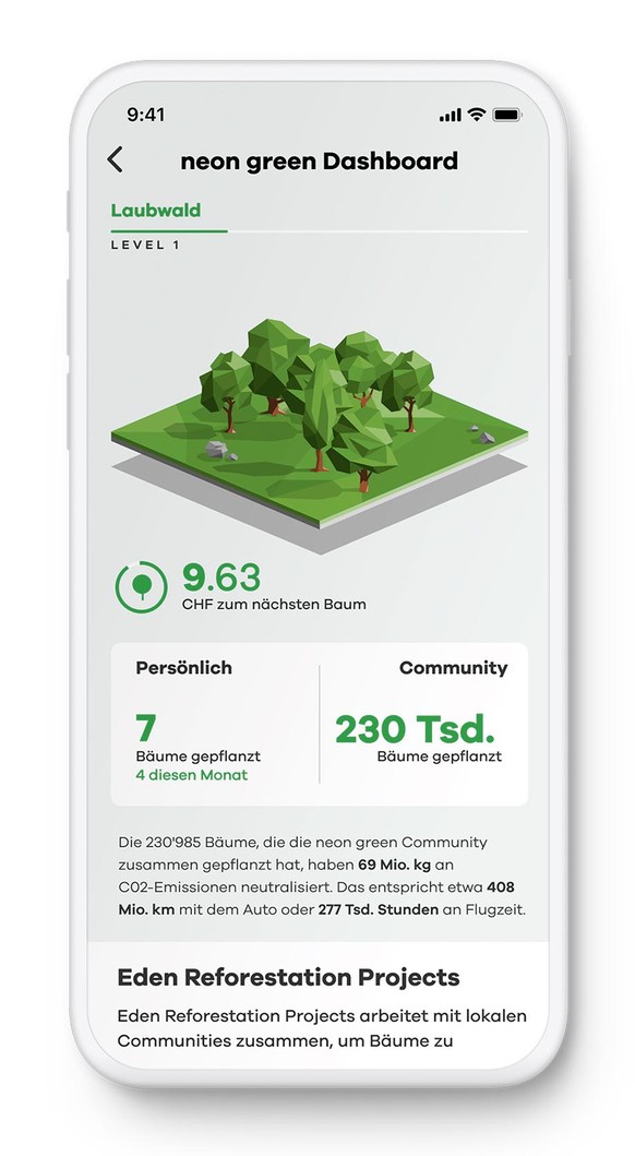 Eine Übersicht in der Konto-App zeigt den Nutzer:innen der Smartphone-Bank Neon direkt die Anzahl gepflanzter Bäume, sowie die der gesamten Neon-Green-Community.
