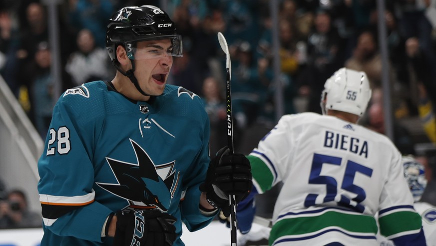 San Jose Sharks&#039; Timo Meier (28) celebrates after scoring against the Vancouver Canucks during the first period of an NHL hockey game Saturday, Feb. 16, 2019, in San Jose, Calif. (AP Photo/Josie  ...