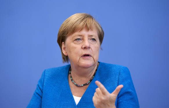epa08631627 German Chancellor Angela Merkel during her annual press conference at Bundespressekonferenz in Berlin, Germany, 28 August 2020. The traditional media briefing usually takes place during su ...