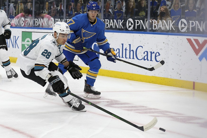 San Jose Sharks&#039; Timo Meier (28), of Switzerland, handles the puck in front of St. Louis Blues&#039; Torey Krug (47) during the first period of an NHL hockey game Saturday Feb. 20, 2021, in St. L ...