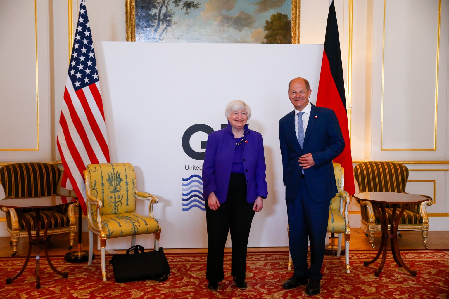 epa09248002 Janet Yellen, U.S. Treasury secretary, left, and Olaf Scholz, Germany&#039;s finance minister, during their bilateral meeting on the first day of the Group of Seven Finance Ministers summi ...