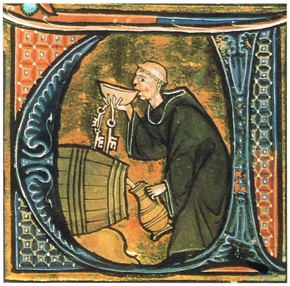 Mönch beim Weinprobieren.