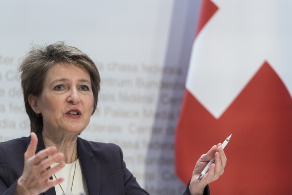 Swiss Federal president Simonetta Sommaruga briefs the media about the latest measures to fight the Covid-19 Coronavirus pandemic, on Friday, March 13, 2020 in Bern, Switzerland. (KEYSTONE/Alessandro  ...