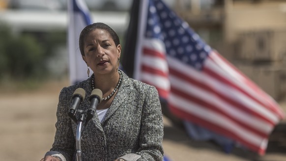 epa04197729 United States National Security Advisor Susan Rice speaks to the press during a visit of an Israeli airbase in Palmahim, outside Tel Aviv, 09 May 2014. Rice, a former ambassador to the Uni ...