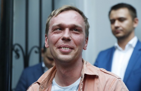 FILE- In this file photo taken on Tuesday, June 11, 2019, Prominent Russian investigative journalist Ivan Golunov, leaves a Investigative Committee building in Moscow, Russia. Russia&#039;s Investigat ...