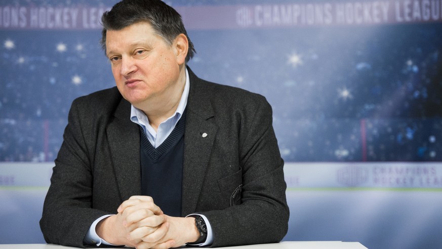 Gaudenz Domenig, president of the HC Davos, is pictured during a press conference prior to the Champions Hockey League semi-finals ice hockey match between HC Davos and Froelunda Goeteborg, in the Vai ...