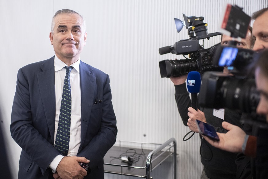 Thomas Gottstein, the new CEO of the Swiss bank Credit Suisse, speaks to the media after the press conference of the full-year results of 2019 in Zurich, Switzerland, Thursday, Feburary 13, 2020. (KEY ...